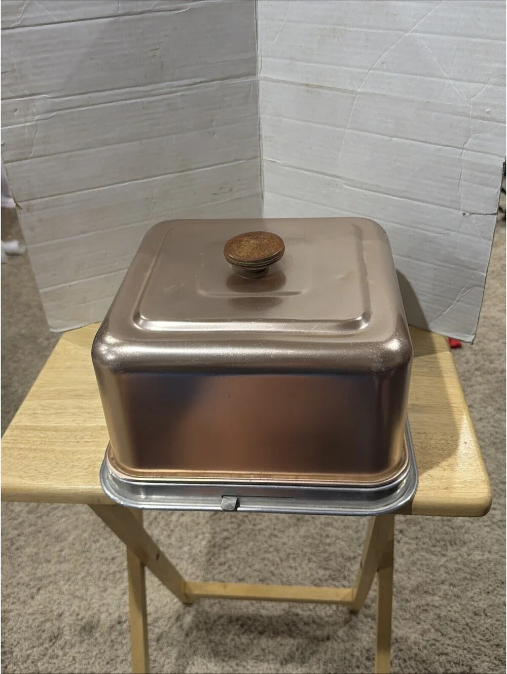 Vintage Mirro 11x11x8 Aluminum Square Cake Pan Slide Lock on Rose/Copper Lid